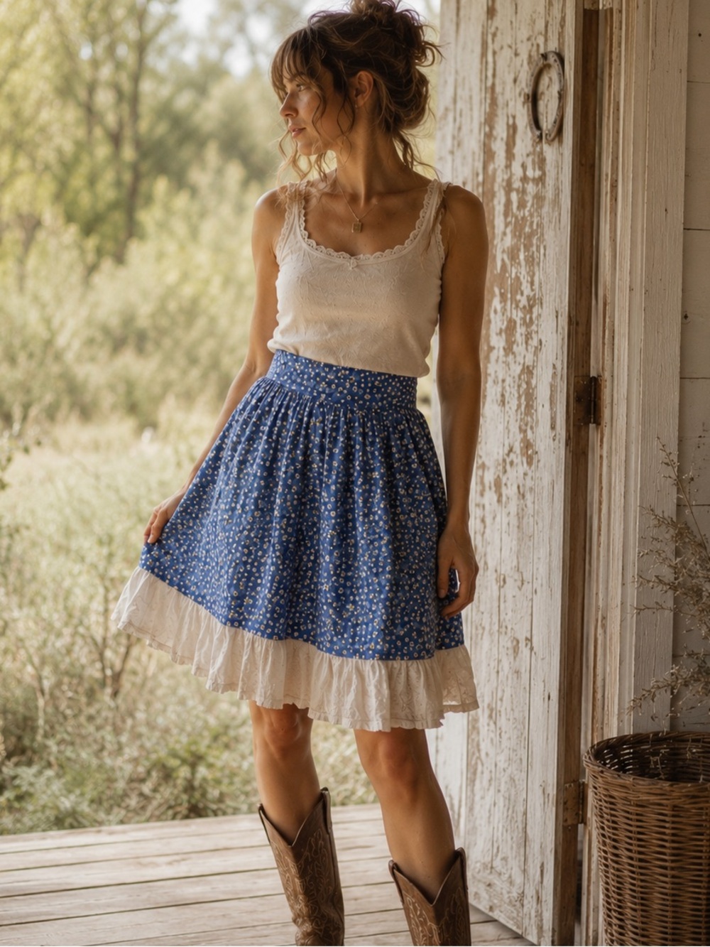 VTG Prairie Ditsy Floral Ruffle Hem Skirt Festival Bohemian Cottagecore Western